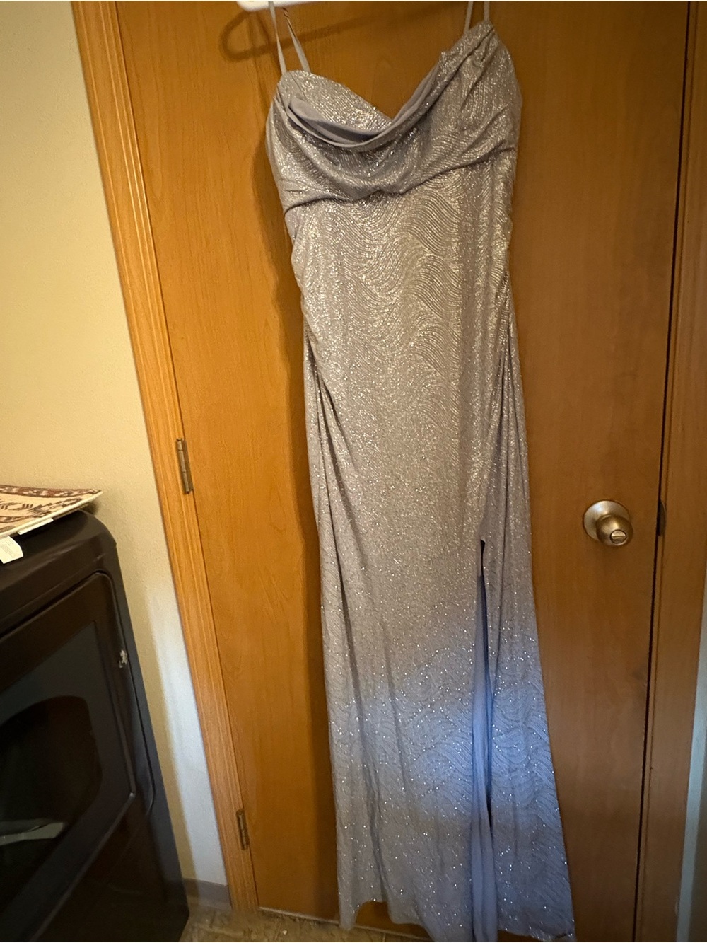 Silver Sparkle Cowl Neck Evening Gown
